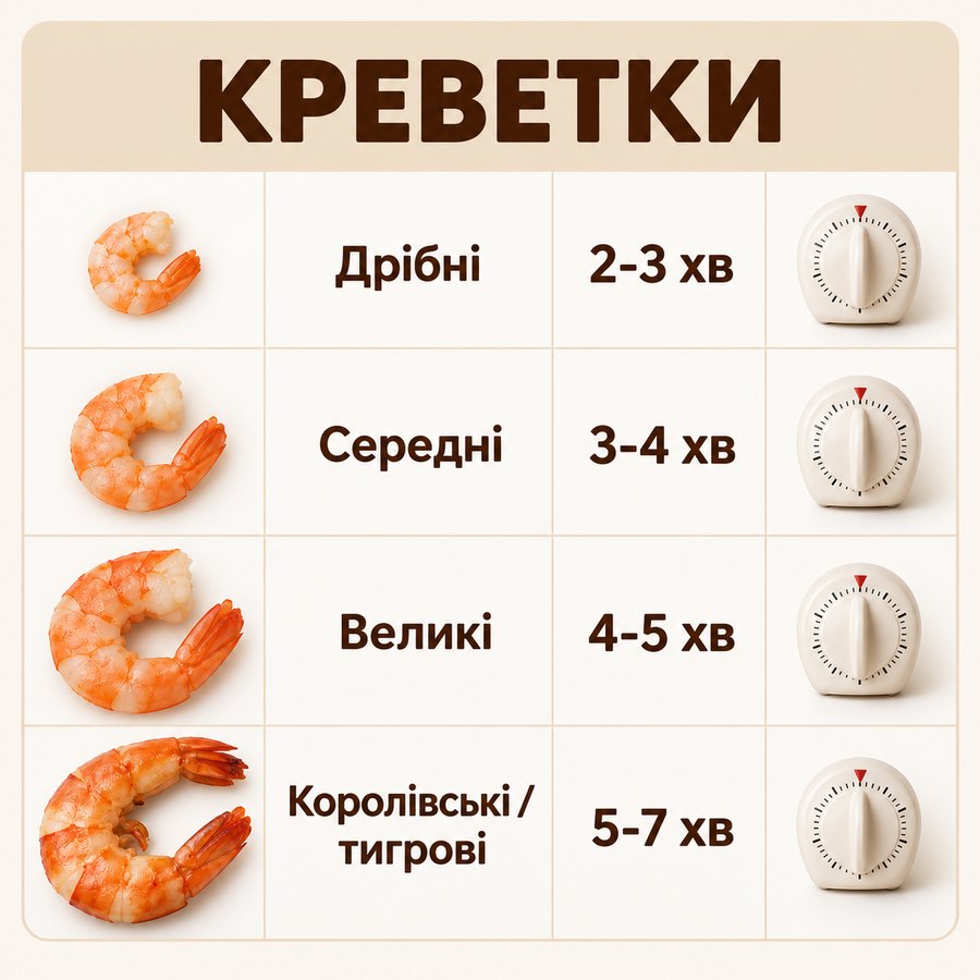 Час варіння: Креветки - Дрібні 2-3 хв, Середні 3-4 хв, Великі 4-5 хв, Королівські / тигрові 5-7 хв