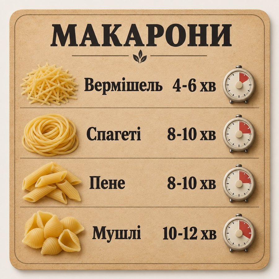 Час варіння: Макарони - Вермішель 4-6 хв, Спагеті 8-10 хв, Пене 8-10 хв, Мушлі 10-12 хв