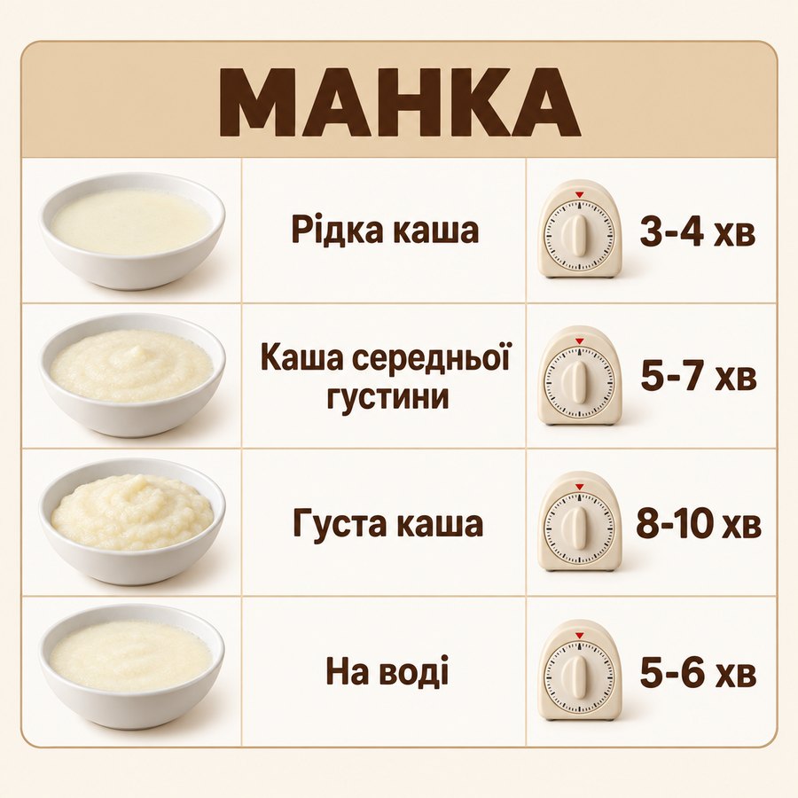 Час варіння: Манка - Рідка каша 3-4 хв, Каша середньої густини 5-7 хв, Густа каша 8-10 хв, На воді 5-6 хв