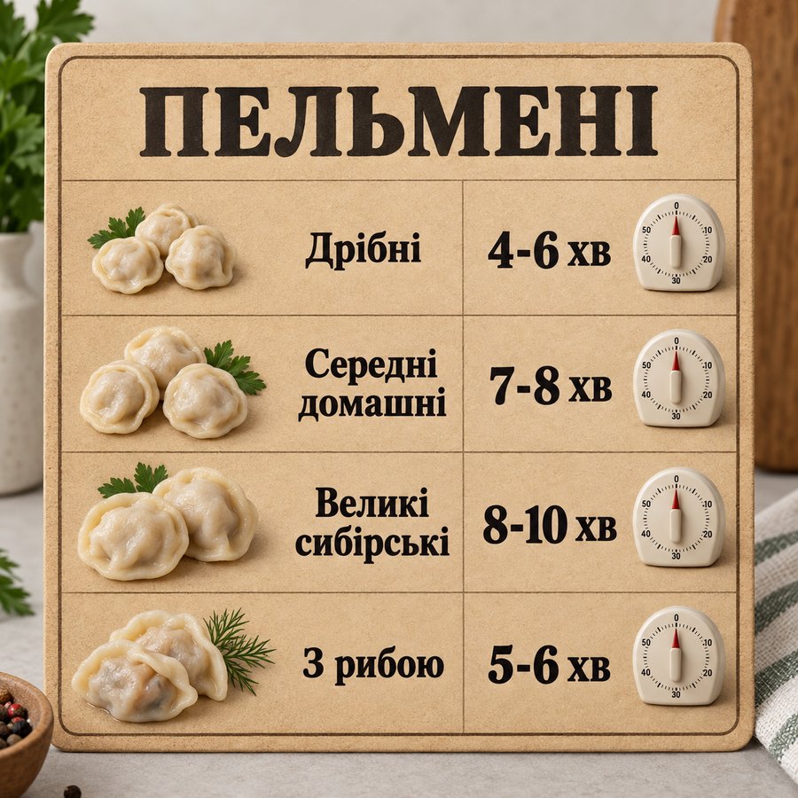 Час варіння: Пельмені - Дрібні 4-6 хв, Середні домашні 7-8 хв, Великі сибірські 8-10 хв, З рибою 5-6 хв