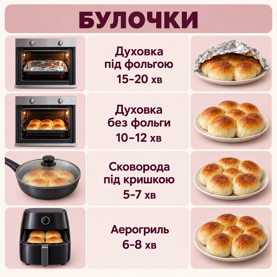 Час приготування із заморозки: Булочки - Духовка під фольгою 15-20 хв, Духовка без фольги 10-12 хв, Сковорода під кришкою 5-7 хв, Аерогриль 6-8 хв