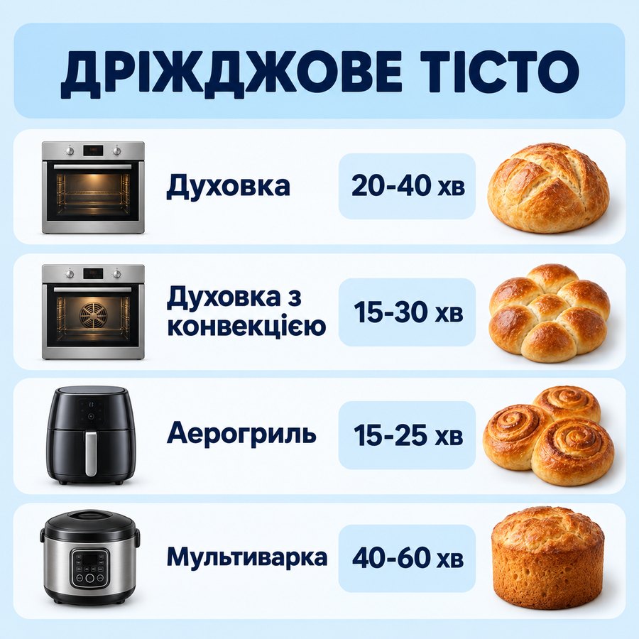 Час приготування із заморозки: Дріжджове тісто - Духовка 20-40 хв, Духовка з конвекцією 15-30 хв, Аерогриль 15-25 хв, Мультиварка 40-60 хв
