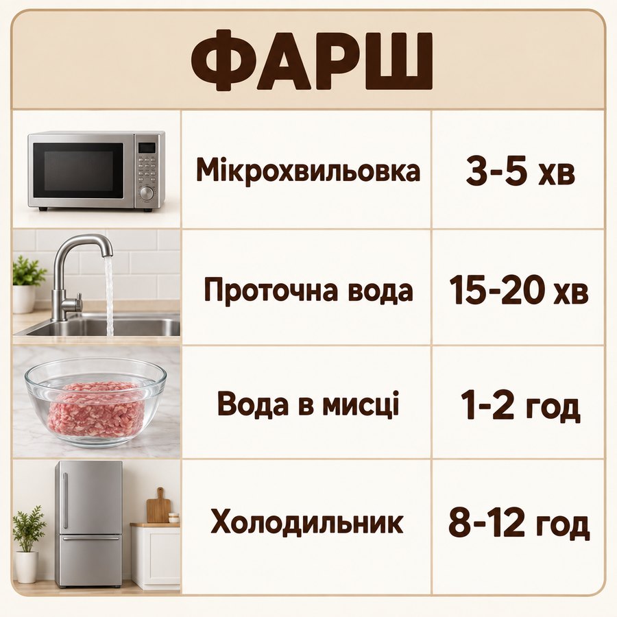 Час розморожування: Фарш - Мікрохвильовка 3-5 хв, Проточна вода 15-20 хв, Вода в мисці 1-2 год, Холодильник 8-12 год