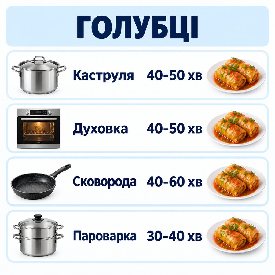 Час приготування із заморозки: Голубці - Каструля 40-50 хв, Духовка 40-50 хв, Сковорода 40-60 хв, Пароварка 30-40 хв