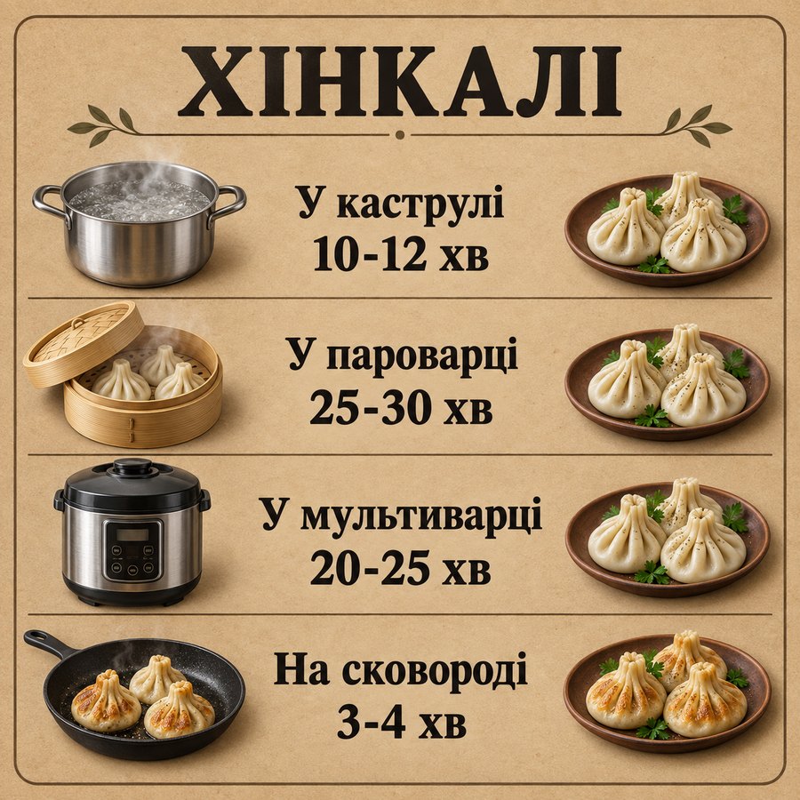 Час приготування із заморозки: Хінкалі - У каструлі 10-12 хв, У пароварці 25-30 хв, У мультиварці 20-25 хв, На сковороді 3-4 хв