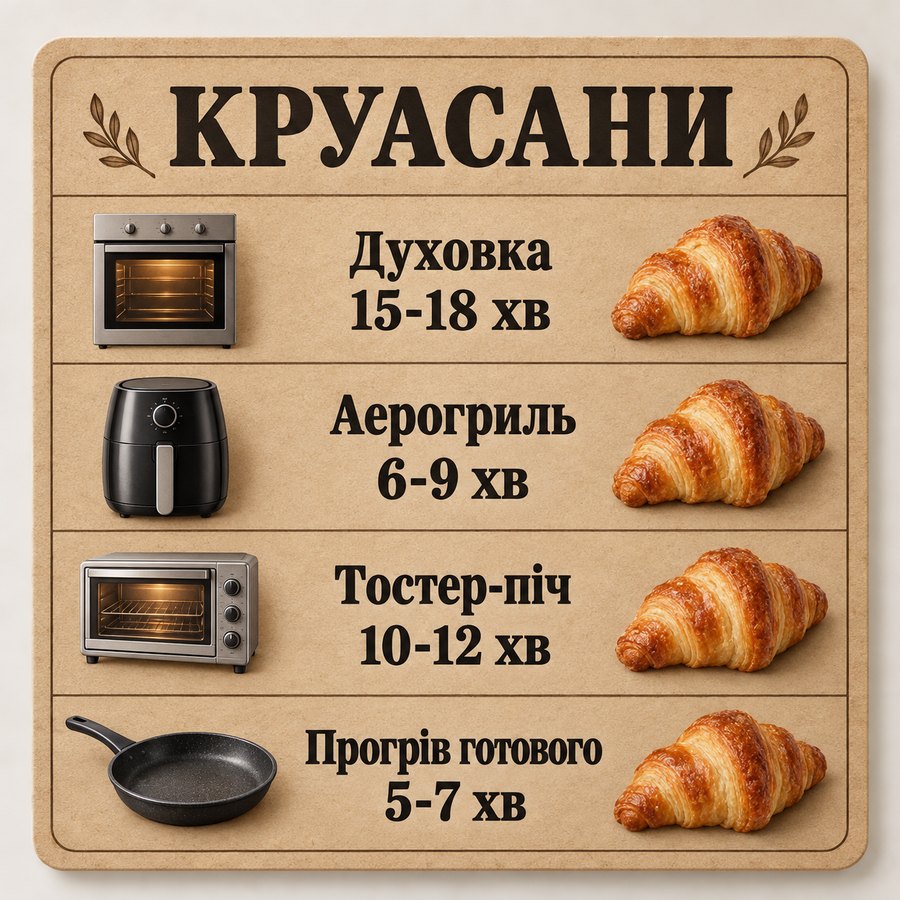 Час приготування із заморозки: Круасани - Духовка 15-18 хв, Аерогриль 6-9 хв, Тостер-піч 10-12 хв, Прогрів готового 5-7 хв