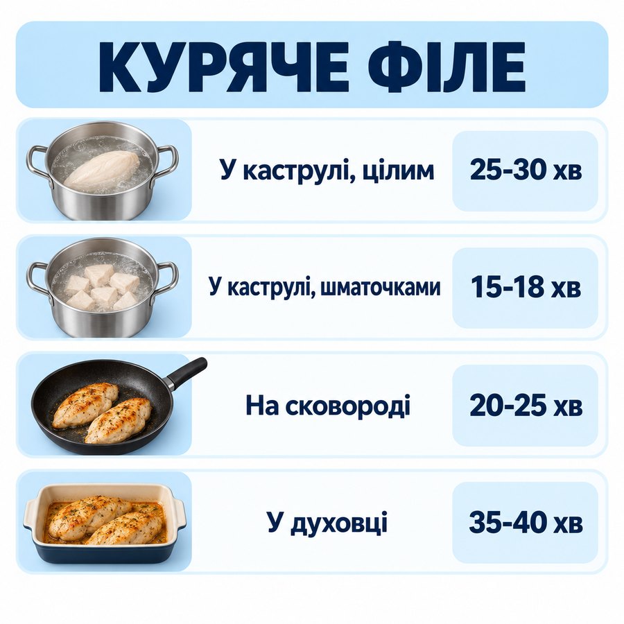 Час приготування із заморозки: Куряче філе - У каструлі, цілим 25-30 хв, У каструлі, шматочками 15-18 хв, На сковороді 20-25 хв, У духовці 35-40 хв