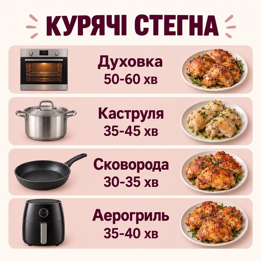 Час приготування із заморозки: Курячі стегна - Духовка 50-60 хв, Каструля 35-45 хв, Сковорода 30-35 хв, Аерогриль 35-40 хв