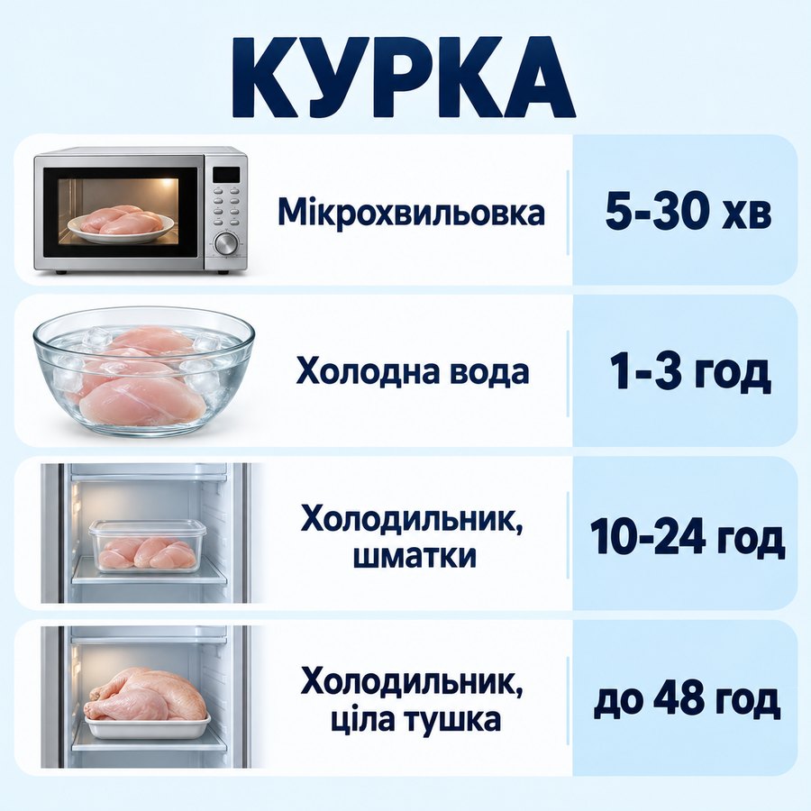Час розморожування: Курка - Мікрохвильовка 5-30 хв, Холодна вода 1-3 год, Холодильник, шматки 10-24 год, Холодильник, ціла тушка до 48 год