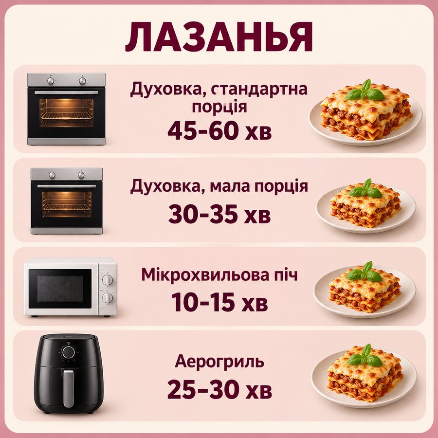 Час приготування із заморозки: Лазанья - Духовка, стандартна порція 45-60 хв, Духовка, мала порція 30-35 хв, Мікрохвильова піч 10-15 хв, Аерогриль 25-30 хв