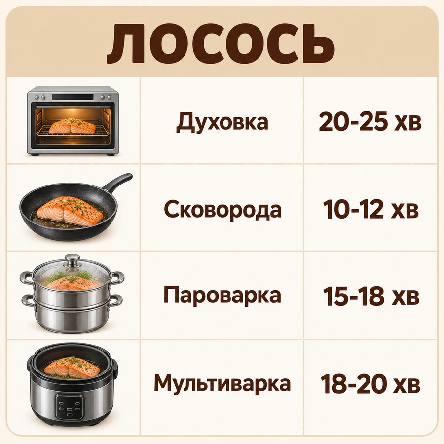 Час приготування із заморозки: Лосось - Духовка 20-25 хв, Сковорода 10-12 хв, Пароварка 15-18 хв, Мультиварка 18-20 хв
