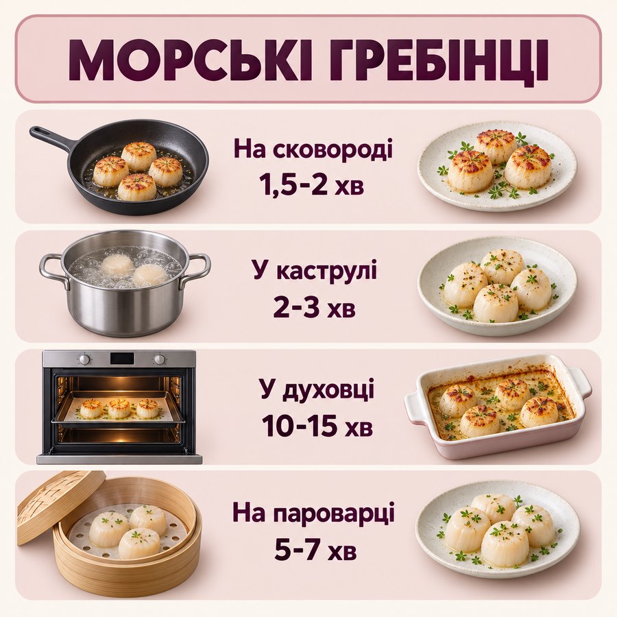 Инфографика: Как приготовить замороженные морские гребешки: сколько жарить