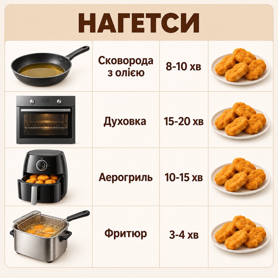 Инфографика: Как приготовить замороженные наггетсы: сковорода, духовка, время