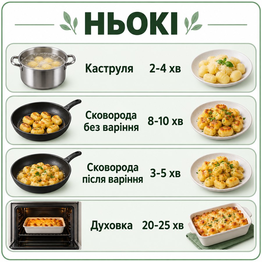Час приготування із заморозки: Ньокі - Каструля 2-4 хв, Сковорода без варіння 8-10 хв, Сковорода після варіння 3-5 хв, Духовка 20-25 хв