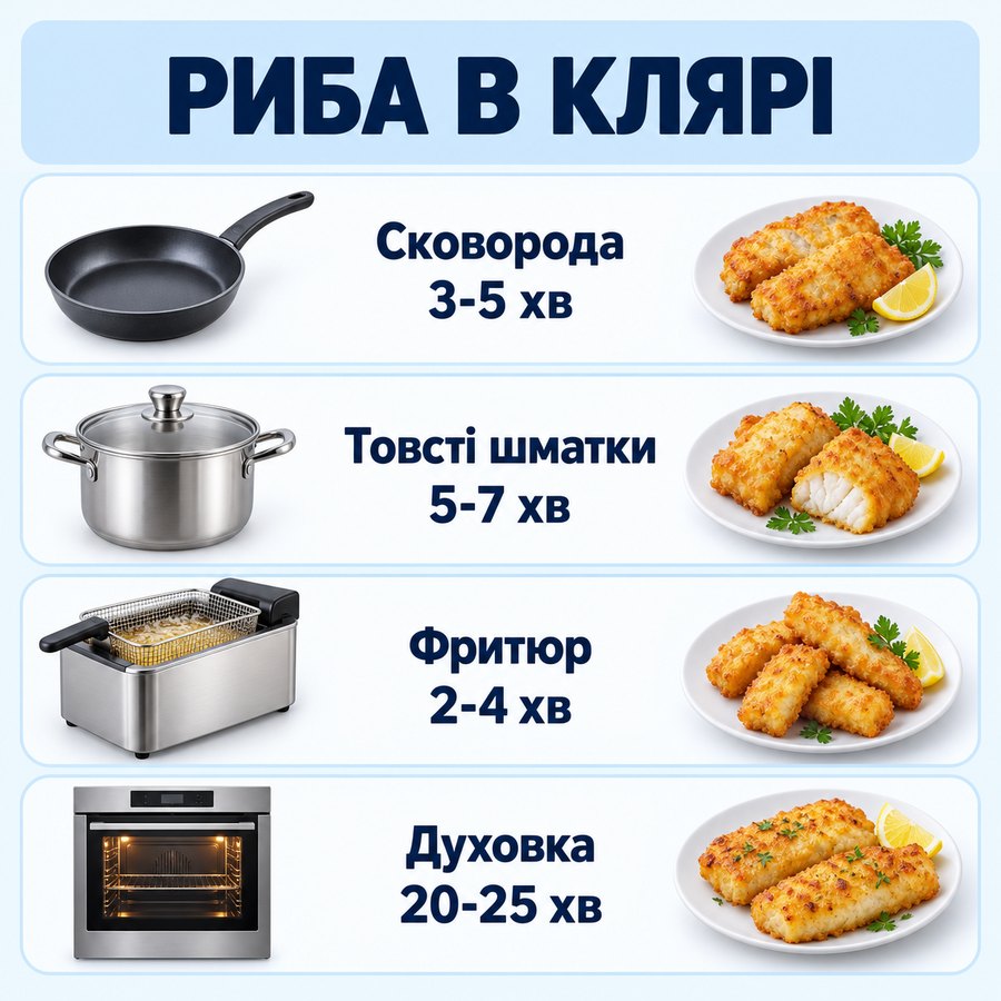 Час приготування із заморозки: Риба в клярі - Сковорода 3-5 хв, Товсті шматки 5-7 хв, Фритюр 2-4 хв, Духовка 20-25 хв