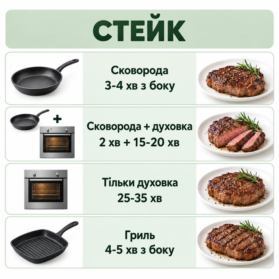 Инфографика: Как приготовить замороженный стейк на сковороде и в духовке