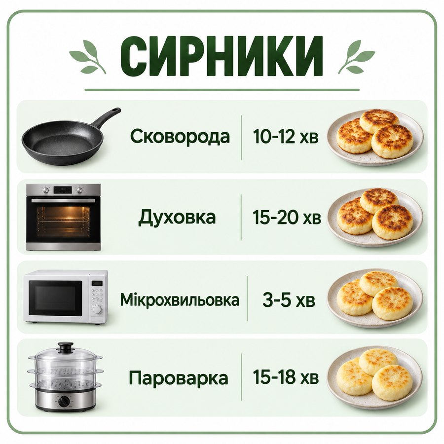 Час приготування із заморозки: Сирники - Сковорода 10-12 хв, Духовка 15-20 хв, Мікрохвильовка 3-5 хв, Пароварка 15-18 хв