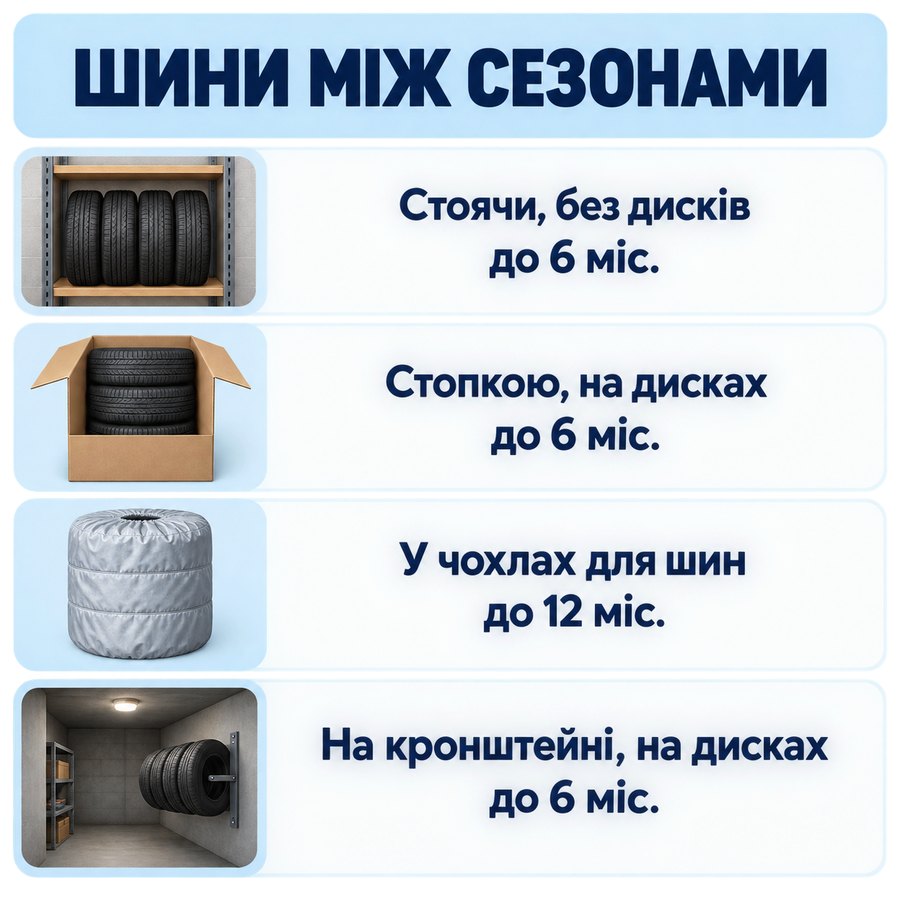 Способи й терміни зберігання: Шини між сезонами - Стоячи, без дисків до 6 міс., Стопкою, на дисках до 6 міс., У чохлах для шин до 12 міс., На кронштейні, на дисках до 6 міс.