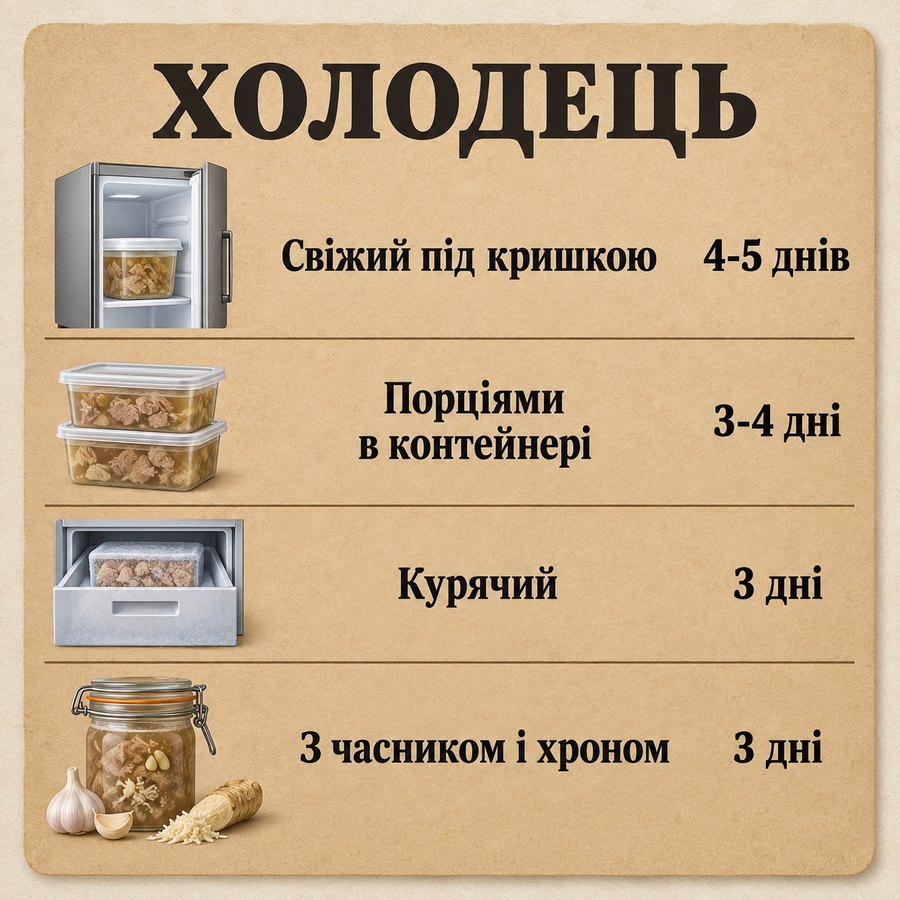 Терміни зберігання: Холодець - Свіжий під кришкою 4-5 днів, Порціями в контейнері 3-4 дні, Курячий 3 дні, З часником і хроном 3 дні