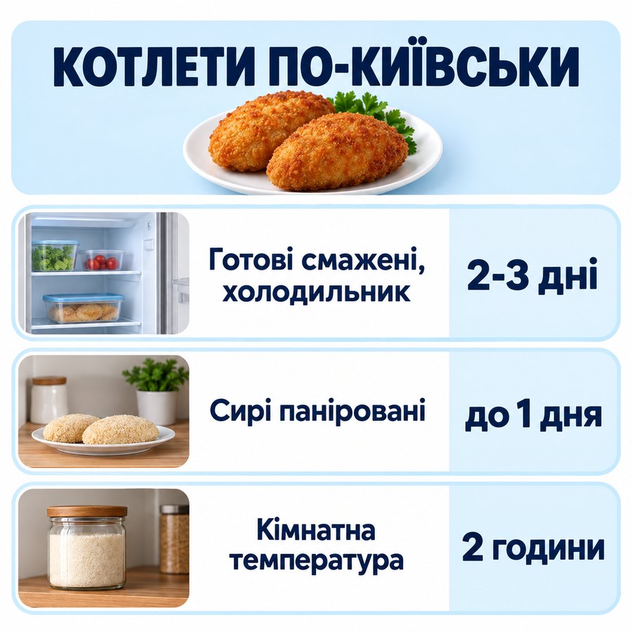 Терміни зберігання: Котлети по-київськи - Готові смажені, холодильник 2-3 дні, Сирі паніровані до 1 дня, Кімнатна температура 2 години