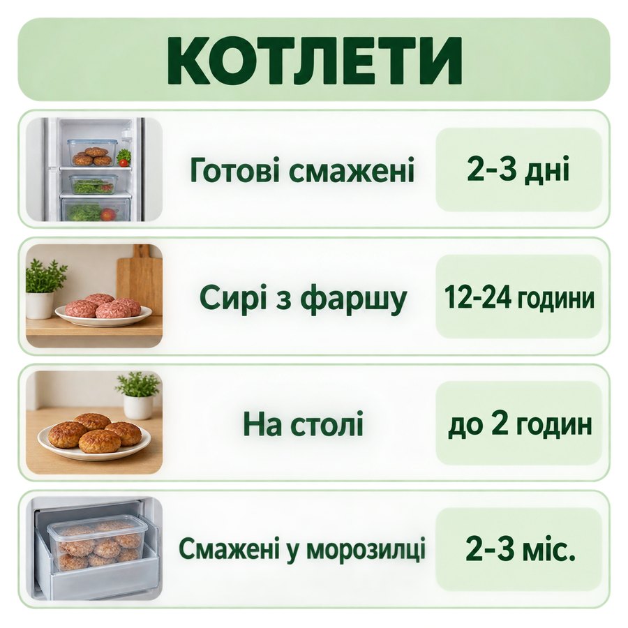 Терміни зберігання: Котлети - Готові смажені 2-3 дні, Сирі з фаршу 12-24 години, На столі до 2 годин, Смажені у морозилці 2-3 міс.