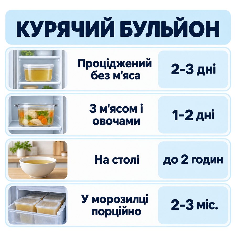 Терміни зберігання: Курячий бульйон - Проціджений без м'яса 2-3 дні, З м'ясом і овочами 1-2 дні, На столі до 2 годин, У морозилці порційно 2-3 міс.