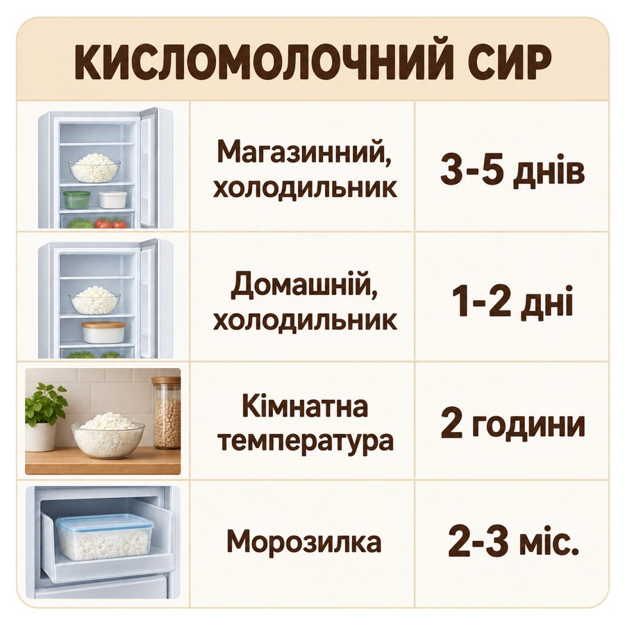 Терміни зберігання: Кисломолочний сир - Магазинний, холодильник 3-5 днів, Домашній, холодильник 1-2 дні, Кімнатна температура 2 години, Морозилка 2-3 міс.