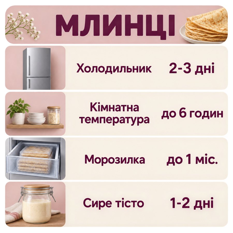 Терміни зберігання: Млинці - Холодильник 2-3 дні, Кімнатна температура до 6 годин, Морозилка до 1 міс., Сире тісто 1-2 дні