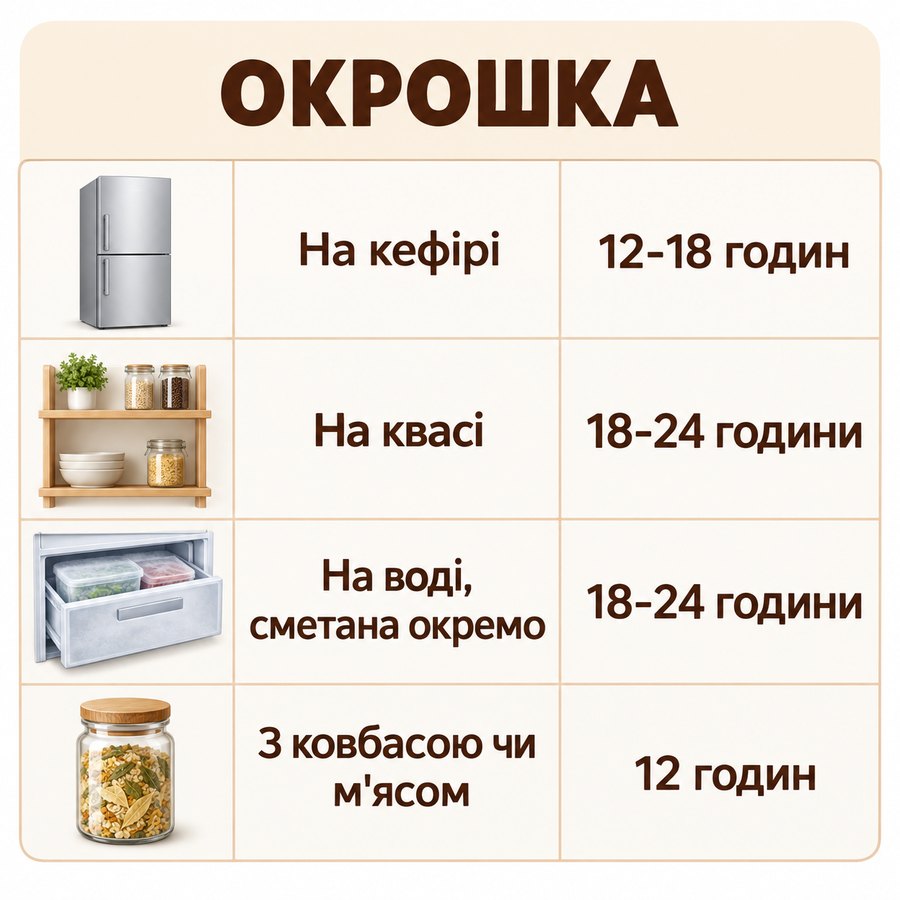 Терміни зберігання: Окрошка - На кефірі 12-18 годин, На квасі 18-24 години, На воді, сметана окремо 18-24 години, З ковбасою чи м'ясом 12 годин