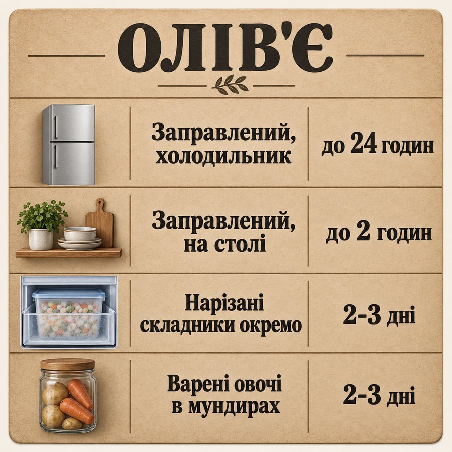 Терміни зберігання: Олів'є - Заправлений, холодильник до 24 годин, Заправлений, на столі до 2 годин, Нарізані складники окремо 2-3 дні, Варені овочі в мундирах 2-3 дні