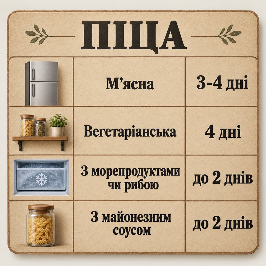 Терміни зберігання: Піца - М'ясна 3-4 дні, Вегетаріанська 4 дні, З морепродуктами чи рибою до 2 днів, З майонезним соусом до 2 днів