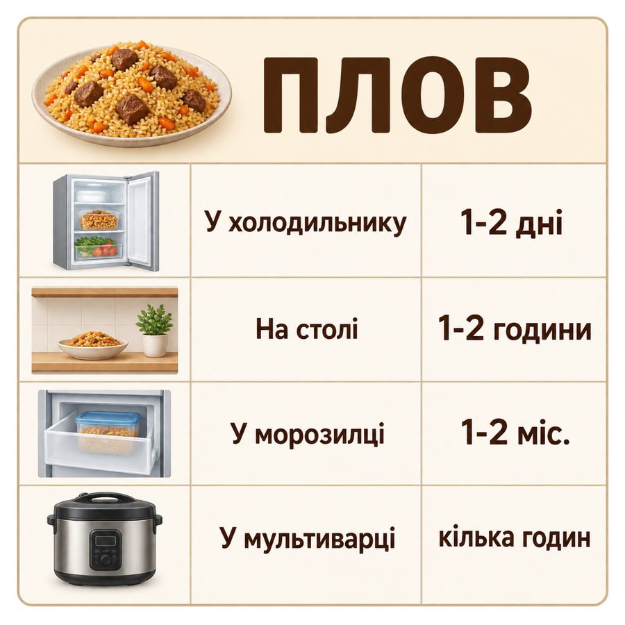 Терміни зберігання: Плов - У холодильнику 1-2 дні, На столі 1-2 години, У морозилці 1-2 міс., У мультиварці кілька годин