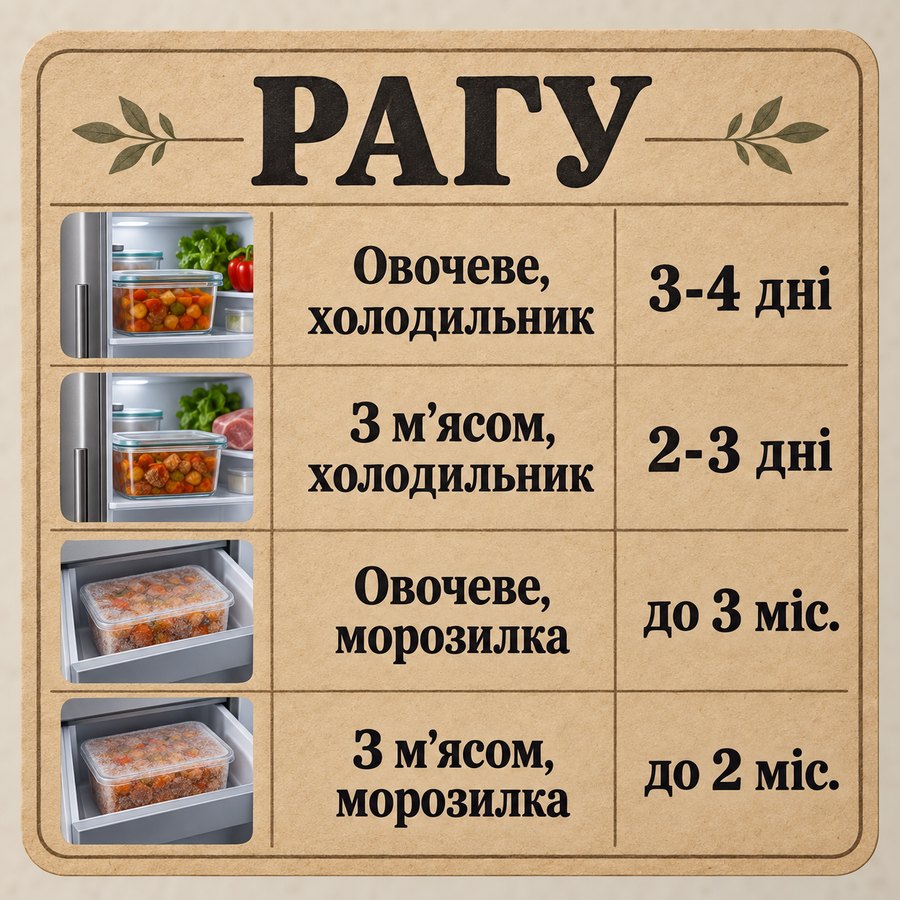 Терміни зберігання: Рагу - Овочеве, холодильник 3-4 дні, З м'ясом, холодильник 2-3 дні, Овочеве, морозилка до 3 міс., З м'ясом, морозилка до 2 міс.