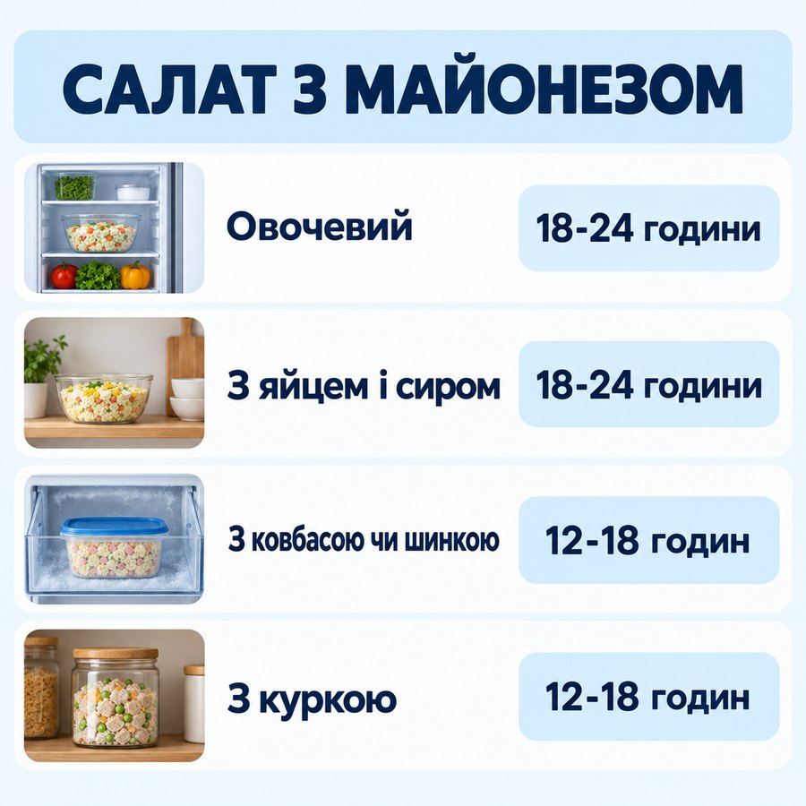 Терміни зберігання: Салат з майонезом - Овочевий 18-24 години, З яйцем і сиром 18-24 години, З ковбасою чи шинкою 12-18 годин, З куркою 12-18 годин
