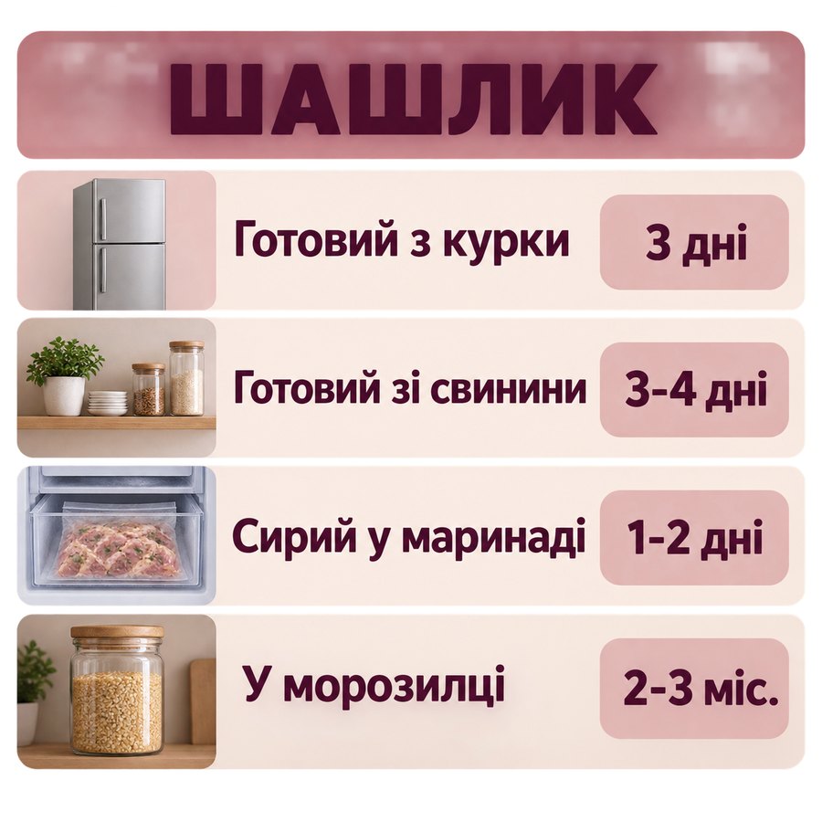 Терміни зберігання: Шашлик - Готовий з курки 3 дні, Готовий зі свинини 3-4 дні, Сирий у маринаді 1-2 дні, У морозилці 2-3 міс.