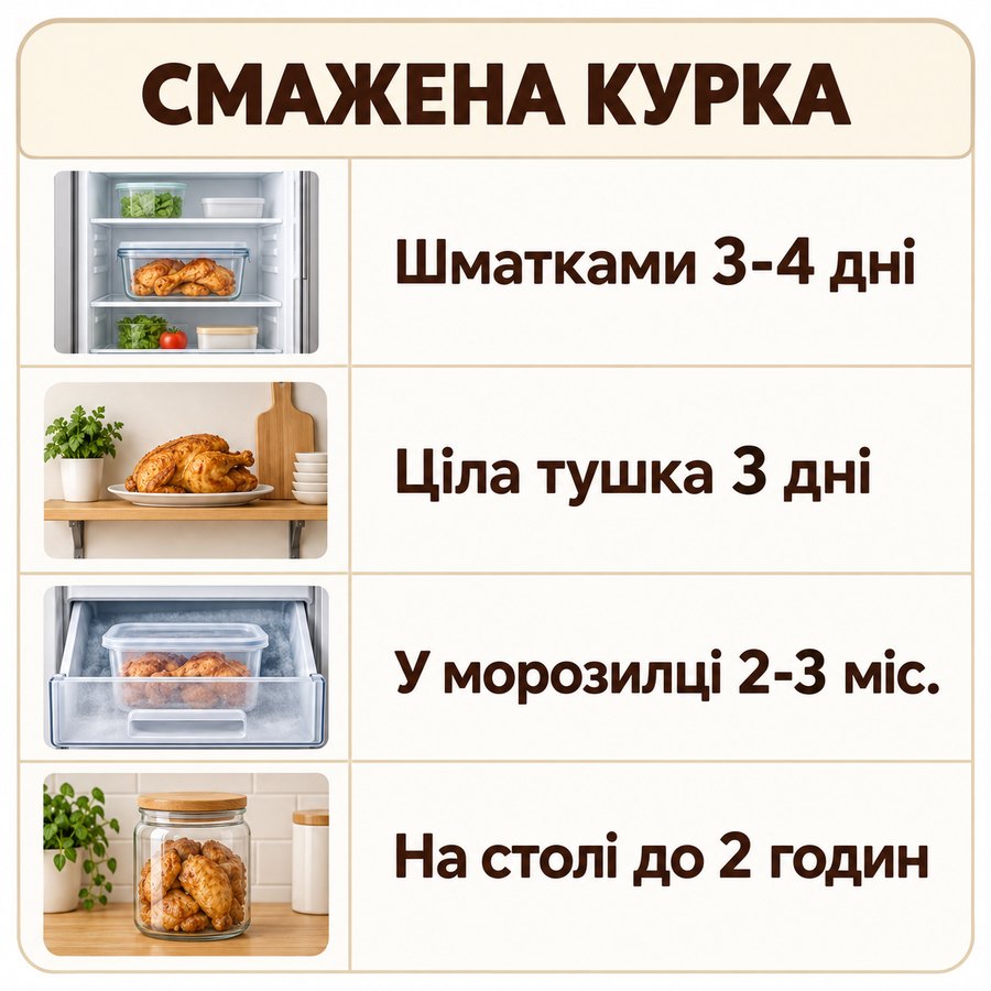 Терміни зберігання: Смажена курка - Шматками 3-4 дні, Ціла тушка 3 дні, У морозилці 2-3 міс., На столі до 2 годин