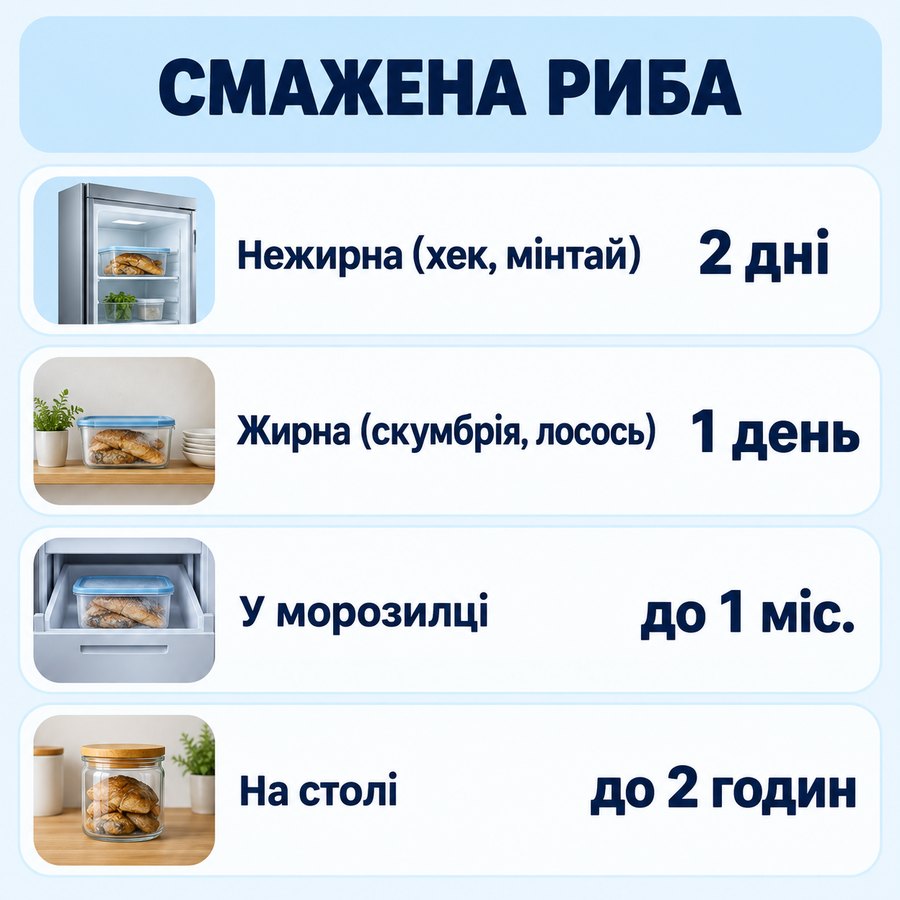 Терміни зберігання: Смажена риба - Нежирна (хек, мінтай) 2 дні, Жирна (скумбрія, лосось) 1 день, У морозилці до 1 міс., На столі до 2 годин