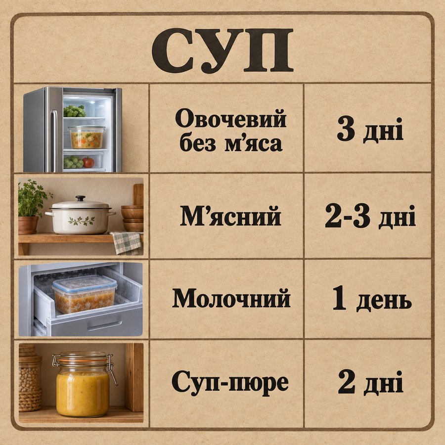 Терміни зберігання: Суп - Овочевий без м'яса 3 дні, М'ясний 2-3 дні, Молочний 1 день, Суп-пюре 2 дні