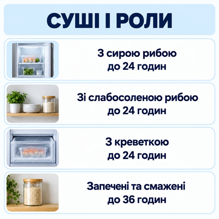 Терміни зберігання: Суші і роли - З сирою рибою до 24 годин, Зі слабосоленою рибою до 24 годин, З креветкою до 24 годин, Запечені та смажені до 36 годин