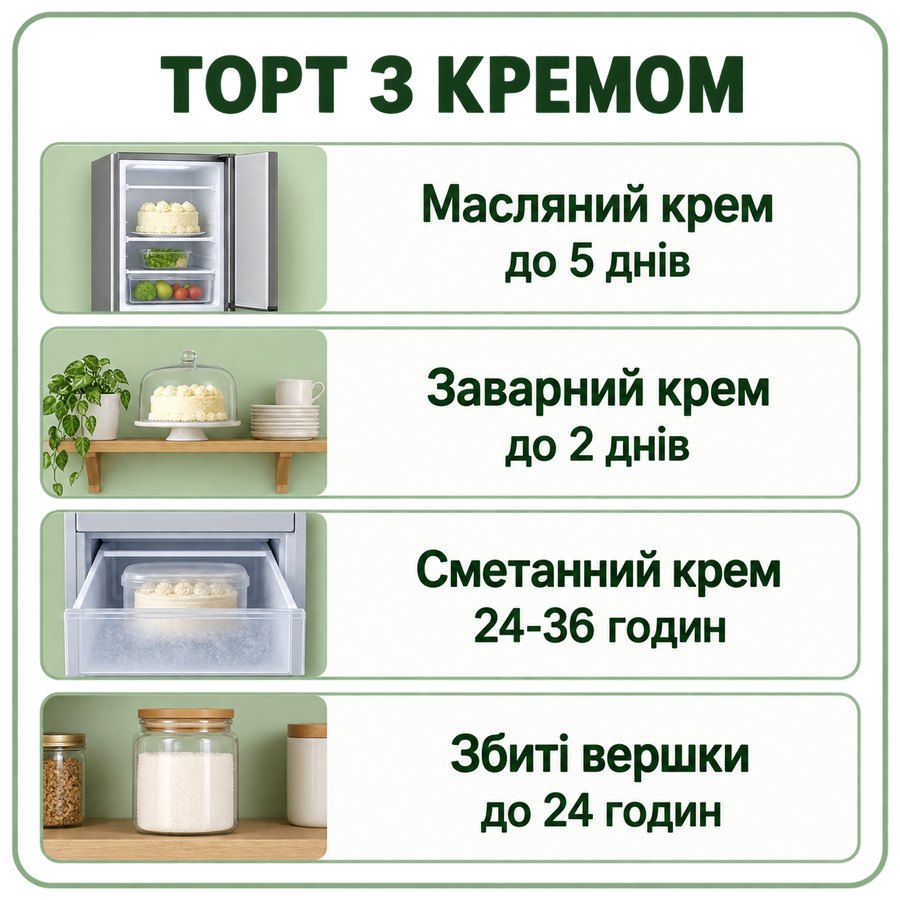 Терміни зберігання: Торт з кремом - Масляний крем до 5 днів, Заварний крем до 2 днів, Сметанний крем 24-36 годин, Збиті вершки до 24 годин
