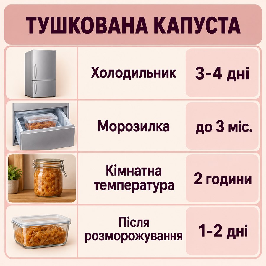 Терміни зберігання: Тушкована капуста - Холодильник 3-4 дні, Морозилка до 3 міс., Кімнатна температура 2 години, Після розморожування 1-2 дні