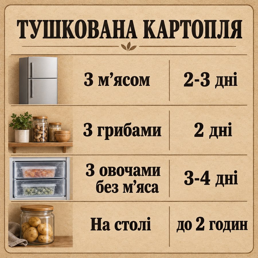 Терміни зберігання: Тушкована картопля - З м'ясом 2-3 дні, З грибами 2 дні, З овочами без м'яса 3-4 дні, На столі до 2 годин