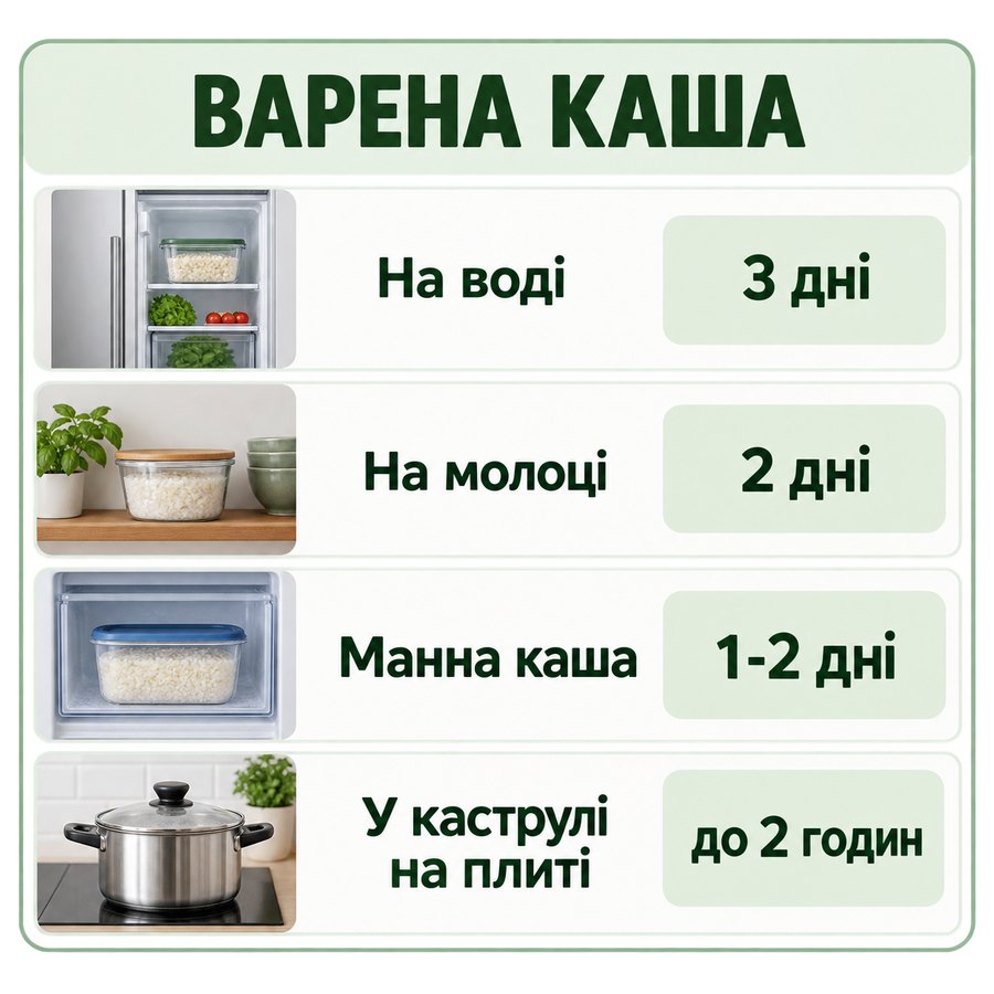 Терміни зберігання: Варена каша - На воді 3 дні, На молоці 2 дні, Манна каша 1-2 дні, У каструлі на плиті до 2 годин