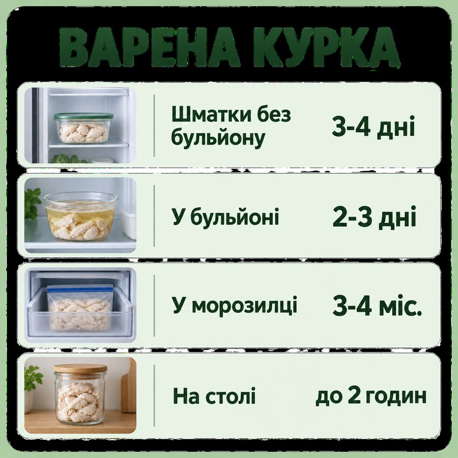 Терміни зберігання: Варена курка - Шматки без бульйону 3-4 дні, У бульйоні 2-3 дні, У морозилці 3-4 міс., На столі до 2 годин