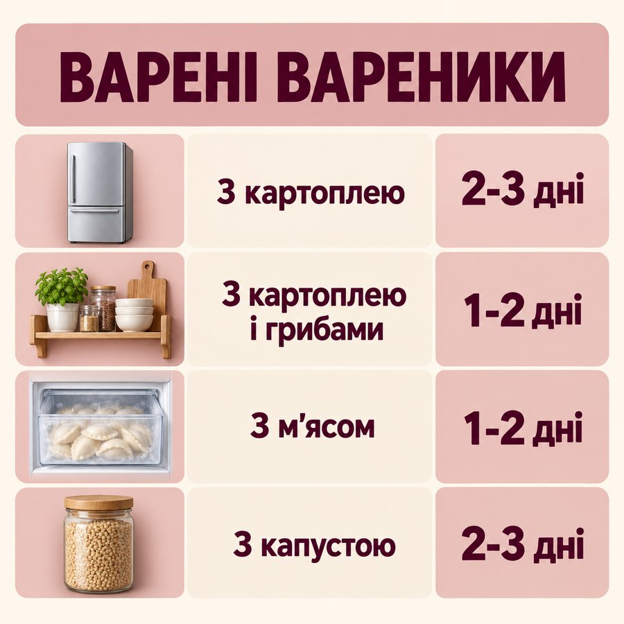 Терміни зберігання: Варені вареники - З картоплею 2-3 дні, З картоплею і грибами 1-2 дні, З м'ясом 1-2 дні, З капустою 2-3 дні