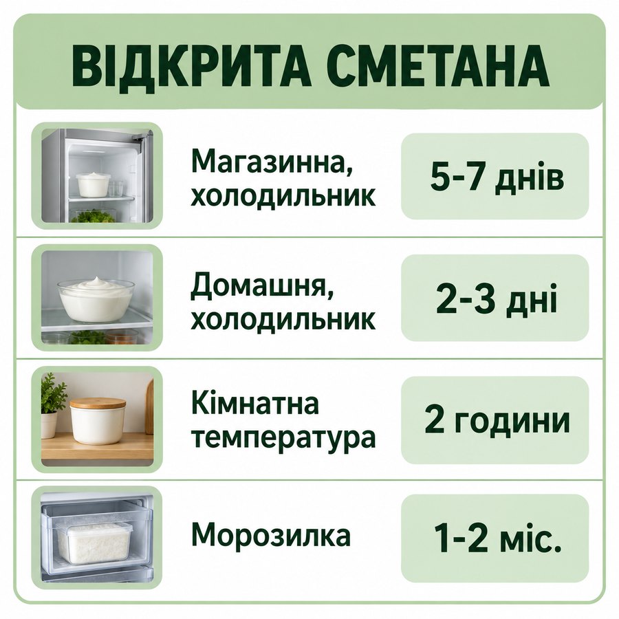 Терміни зберігання: Відкрита сметана - Магазинна, холодильник 5-7 днів, Домашня, холодильник 2-3 дні, Кімнатна температура 2 години, Морозилка 1-2 міс.