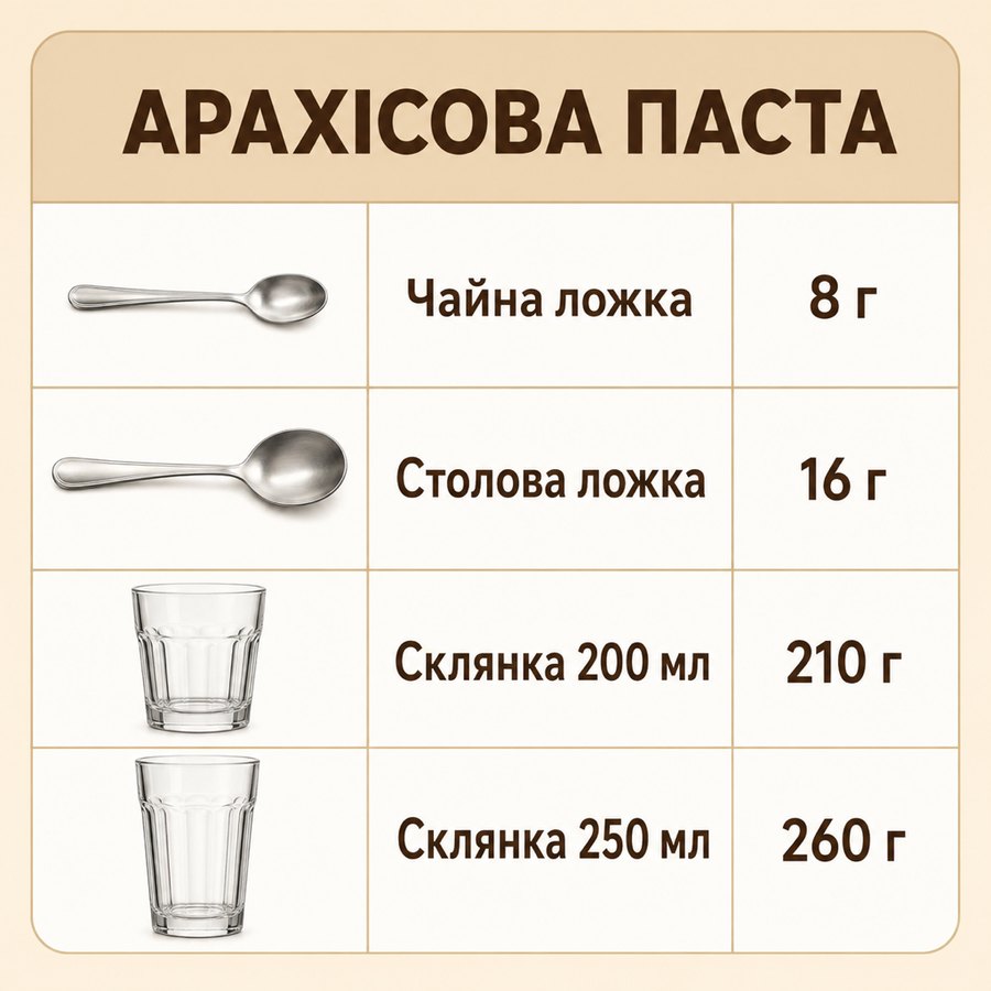 Таблиця мір: Арахісова паста - Чайна ложка 8 г, Столова ложка 16 г, Склянка 200 мл 210 г, Склянка 250 мл 260 г