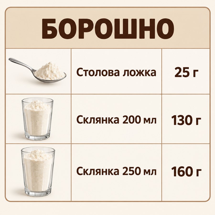 Таблиця мір: Борошно - Столова ложка 25 г, Склянка 200 мл 130 г, Склянка 250 мл 160 г