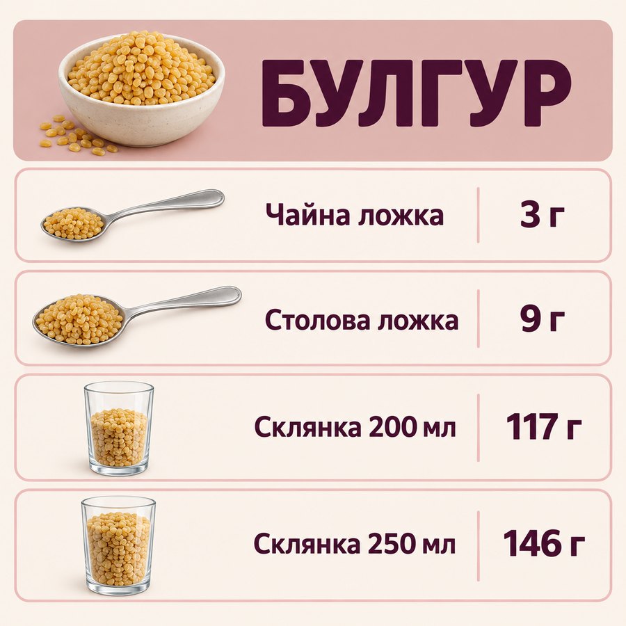 Таблиця мір: Булгур - Чайна ложка 3 г, Столова ложка 9 г, Склянка 200 мл 117 г, Склянка 250 мл 146 г
