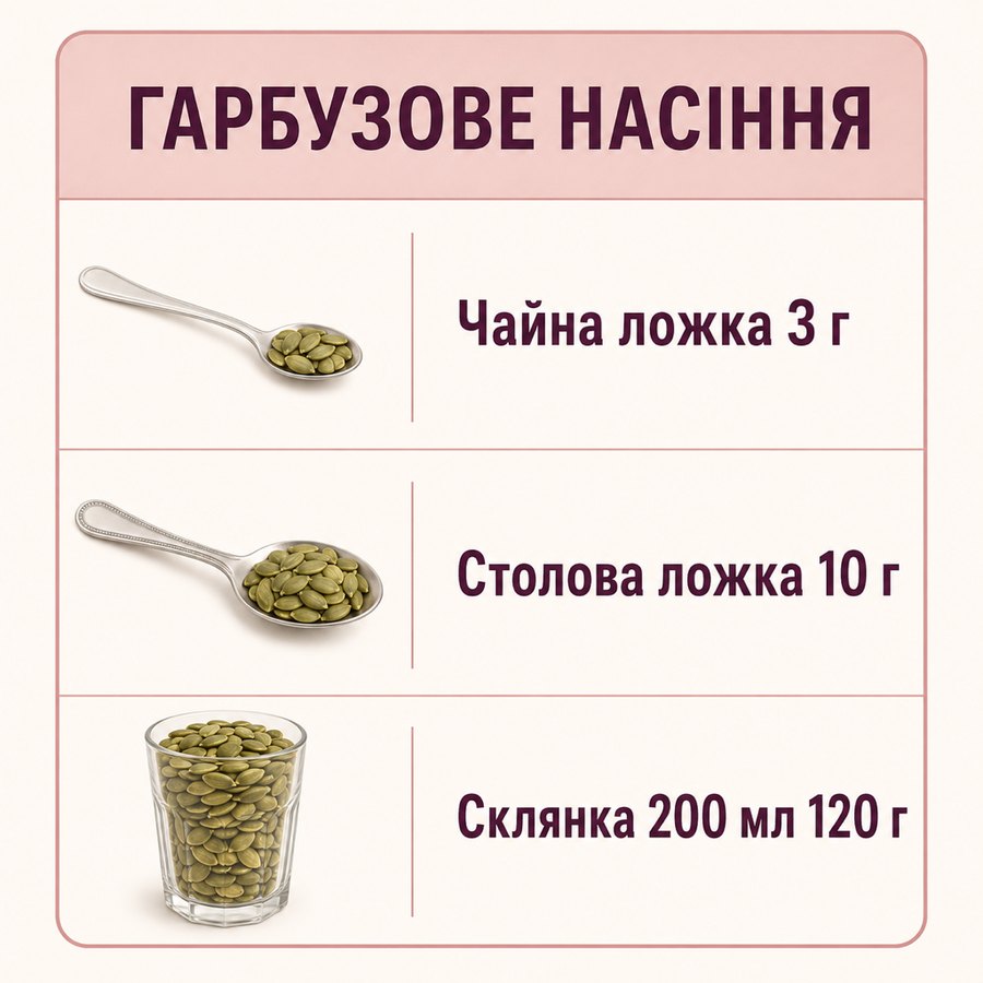 Таблиця мір: Гарбузове насіння - Чайна ложка 3 г, Столова ложка 10 г, Склянка 200 мл 120 г